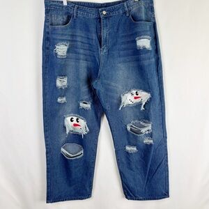 Distressed Zipper closure, 5-Pocket Jeans with Snowman detail - Size 3XL